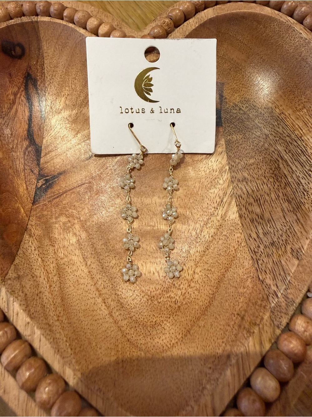 Lotus & Luna Gold Floral Dangle Earrings with Cream Beads